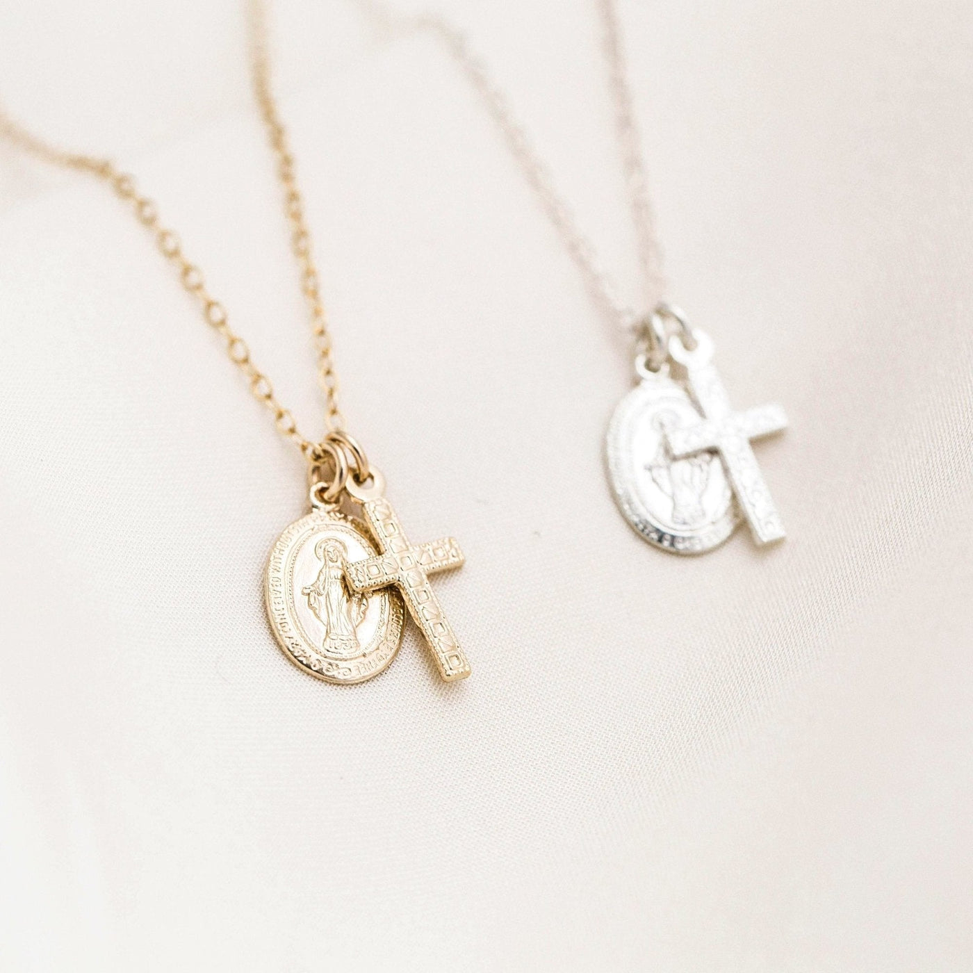 Tiny Virgin Mary & Cross Necklace by Simple & Dainty Jewelry