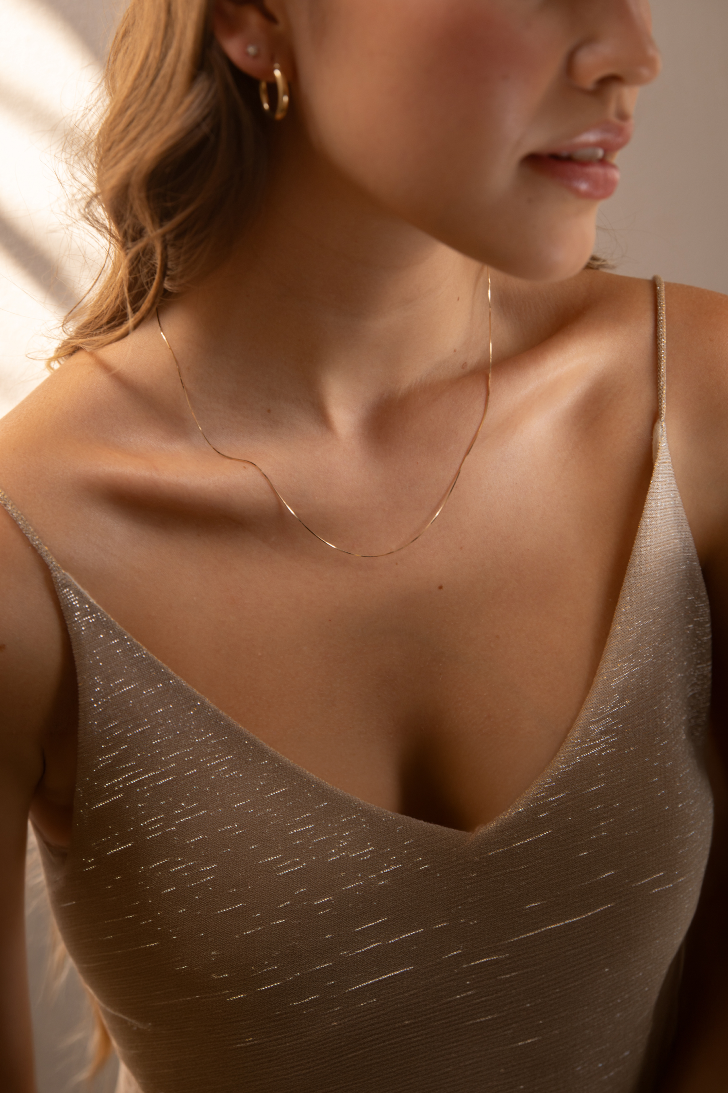 Close-up of a woman wearing a delicate gold necklace with a soft, blurred background
