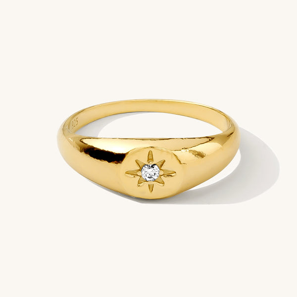 18k Gold Band Ring Cz North Star Ring Starburst Ring Gold 